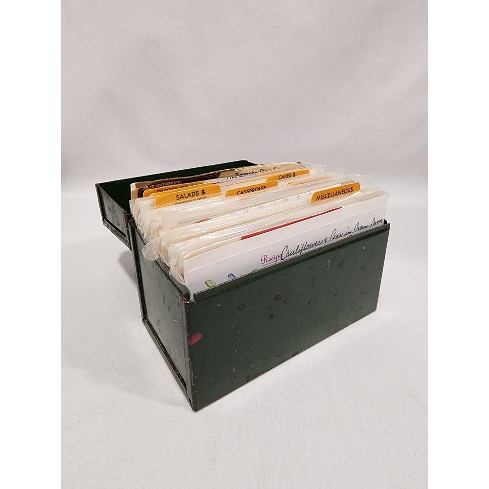 Vintage Green Metal Recipe Box with Handwritten Cards and Dividers Farmhouse